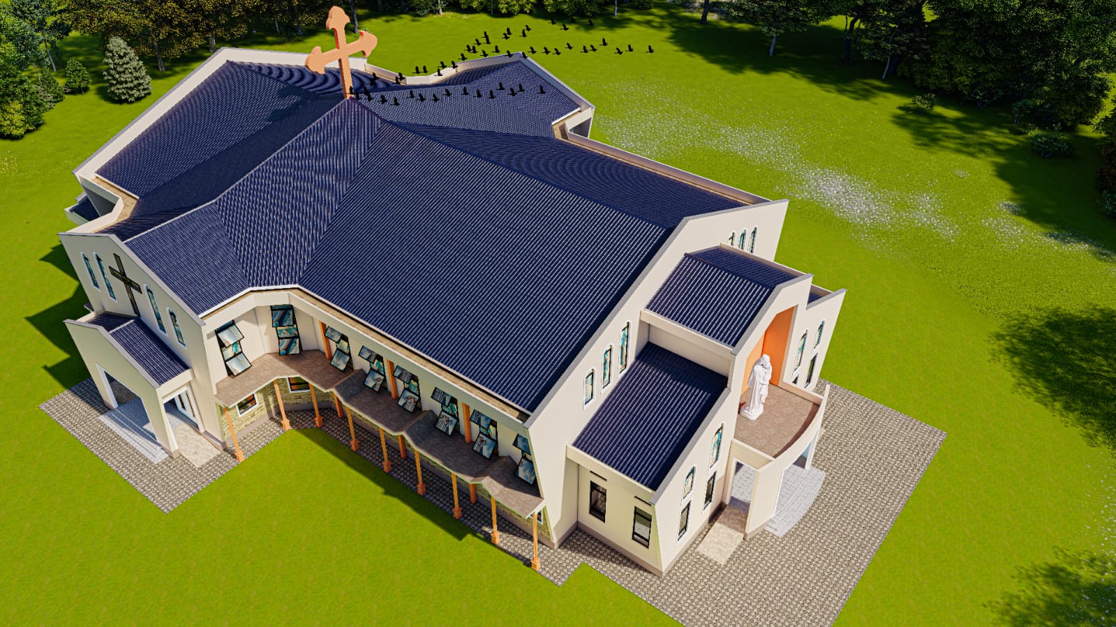 Aerial architectural visualisation of the proposed All Saints Vindo parish church